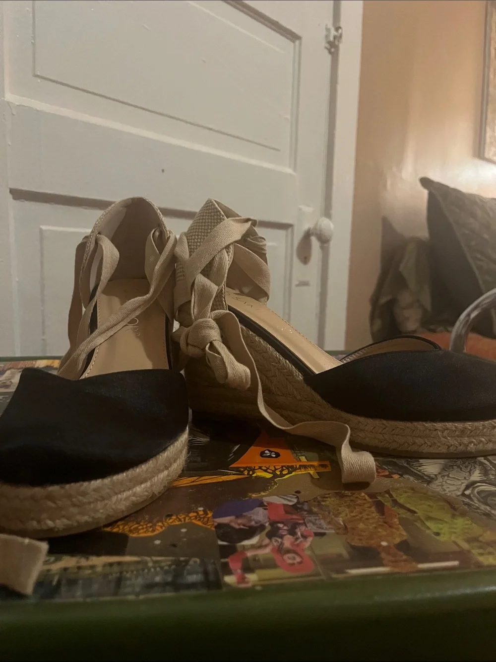 Sam Edelman Black and Natural Espadrille Wedge Tie-Up Sandals